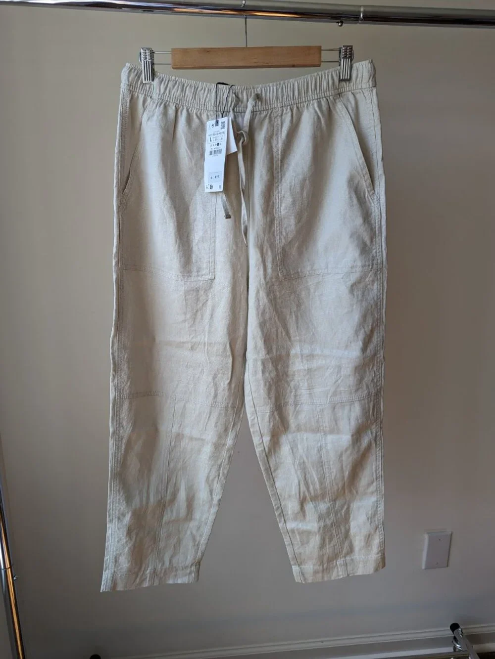 Zara Women's Tapered Linen Blend Pull On Pants Size L Sand Drawstring NWT